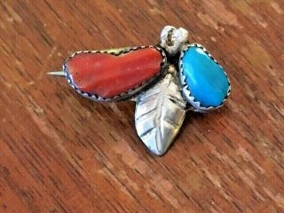 Vintage Navajo 925 Sterling Silver Bezel Set Turquoise Spiny Oyster Pin 2.  9g