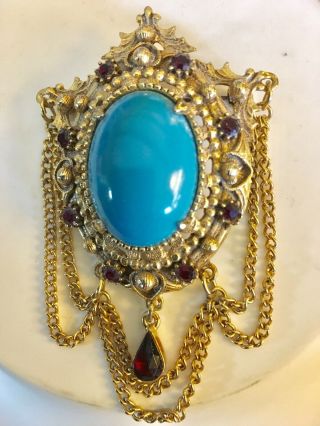 Large Vintage Signed Florenza Pin Brooch Turquoise Cabochon Red Stones
