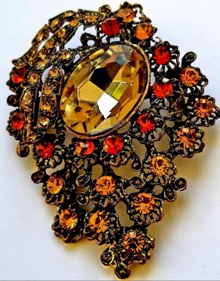 Vintage Brooch Pin Stunning Cascade Topaz Color Crystals Flower Antik Gold Tone