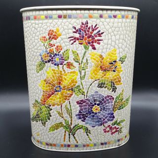 Vtg Metal Trash Can Wastebasket Mosaic Floral Oval Textured Weibro Corp.  Usa