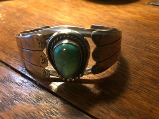 Vintage Southwest Sterling Silver And Turquoise Cuff Bracelet “nizhoni” Maker