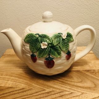 Vtg Kitchen Mary Ann Baker Strawberry Teapot Ceramic Otagiri Basketweave Tea Pot