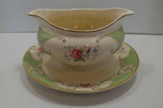 Gravy Bowl Boat With Attached Underplate Myott Staffordshire Rose Green Vintage