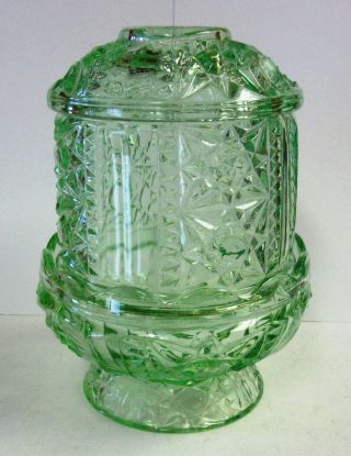 Lovely Vintage Indiana Glass Light Green " Stars & Bars " 2 Pc.  Fairy Lamp