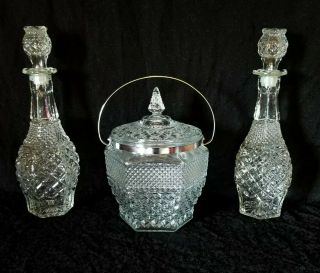 Vintage Wexford Diamond Cut Ice Bucket / Lid And 2 Decanters