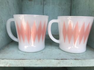 Set Of Two Vintage Pink Diamond D Handle Glasbake Mug Coffee Cup White U.  S.  A