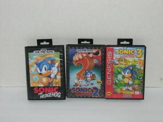 Vintage Sega Genesis Game Cartridges Sonic The Hedghog 1,  2 & 3