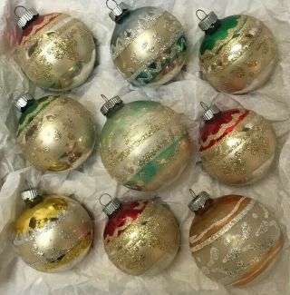 Vintage Set Of 9 Mercury Glass Glitter Christmas Tree Ornaments 2.  5” - 3”