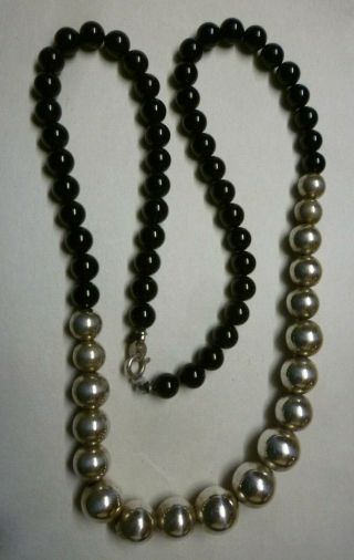 Vtg Sterling Silver Black Onyx Beaded Necklace 18 " Signed Del Marked Sterling