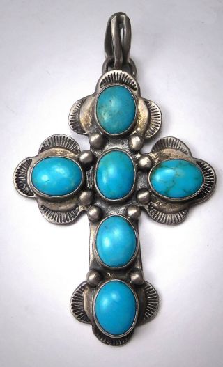 Vintage Native American Sterling Silver/ 6 Turquoise Medium Cross Pendant