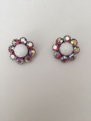 Vintage Weiss Designer Signed Pink Rhinestone Flower Clip - On Earrings