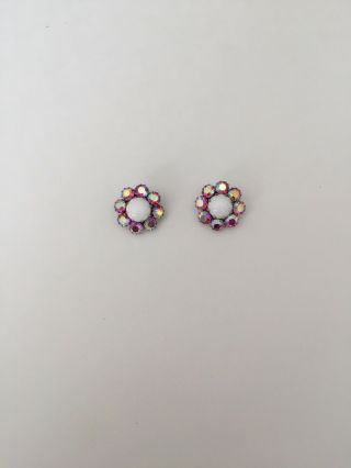 Vintage WEISS Designer Signed Pink Rhinestone Flower Clip - On Earrings 2
