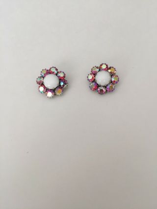Vintage WEISS Designer Signed Pink Rhinestone Flower Clip - On Earrings 3