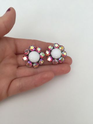 Vintage WEISS Designer Signed Pink Rhinestone Flower Clip - On Earrings 4