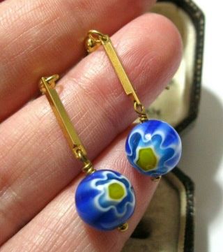 Vintage Style Art Deco Blue Millefiori Glass Bead Drop Earrings