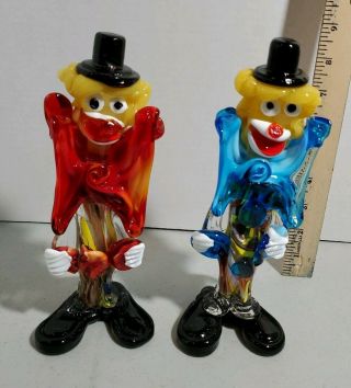 Vintage Vetro Artistico Murano Glass Clowns X 2 Italy Red Blue Yellow 9 " Tall