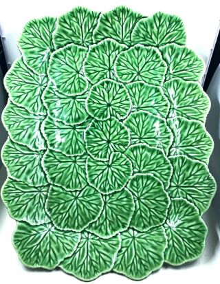 Vintage Bordallo Pinheiro Green Leaves Serving Platter Heavy Ceramic 15 "