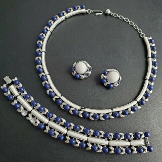 Signed Crown Trifari Vintage Lapis Blue White Necklace Bracelet Earring Set P136