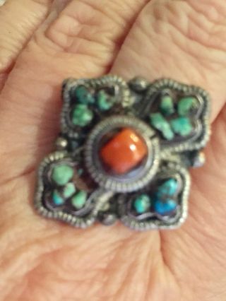Vintage Matl Style Sterling Silver Coral Turquoise Ring One Size