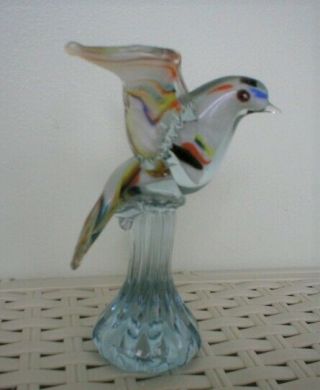 Lovely Vintage Murano Glass Bird.  Multi Coloured Swirls On Blue Glass Base
