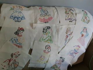 Vintage (12) Embroided Ladies For Each Month Approx 9 " X 9 " Quilt Squares