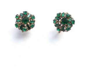 Vintage Art Deco Green Czech Glass Crystal Gold Tone Earrings - Czechoslovakia