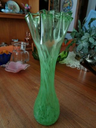 Vintage Murano Art Glass Hand Blown Green Vase Ca.  1950 
