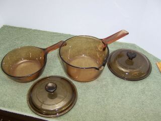 Vintage Amber Visions Corning ware Two Saucepans Cookware 0.  5 L and 1.  5 L 2