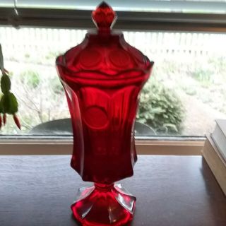 13 " Large Red Fostoria Covered Coin Glass Vase Urn Vintage Art Compote Christmas