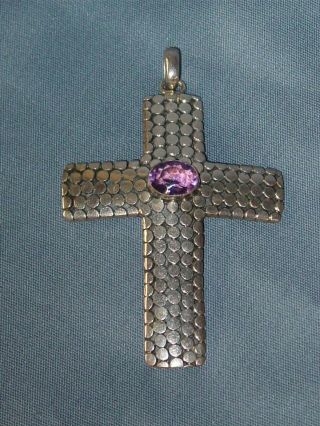 Vintage Large 925 Sterling Silver Pebble Design Amethyst Christian Cross Pendant