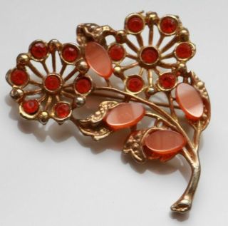 1950s Vtg Gold Floral Peach Vintage Brooch - Costume Jewellery
