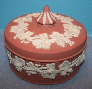 Vintage Wedgwood Terra Cotta Pink White Jasperware Trinket Dresser Box Grapes