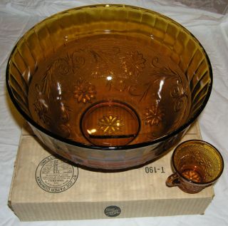 Tiara Exclusive Indiana Vintage Glass Amber Punch Bowl With 12 Cups