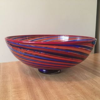 Vtg Red & Blue Stripe Murano Glass Art Serving Fruit Bowl