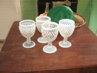 4 Vintage Fenton Art Glass Hobnail White French Opalescent Wine Or Water Goblets