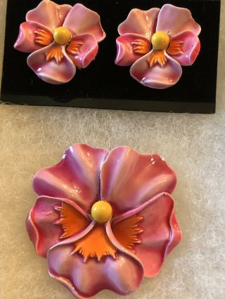 Signed Art Vintage Flower Brooch Pin,  Earrings Enamel Pink Plastic Petals