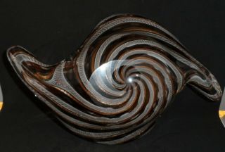 Vintage Murano Large Heavy Latticino Art Glass Bowl Brown White Copper Inclusion 2