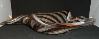 Vintage Murano Large Heavy Latticino Art Glass Bowl Brown White Copper Inclusion 3