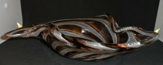 Vintage Murano Large Heavy Latticino Art Glass Bowl Brown White Copper Inclusion 5