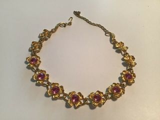 Vintage Trifari Gold Tone Pink Rhinestone Flower Floral Choker Necklace