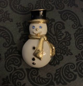 Cute Vintage Signed Monet Gold Tone Enamel Rhinestone Snowman Holiday Pin Brooch