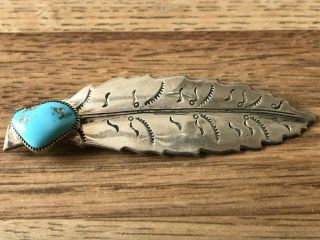 Vintage Native American Navajo Sterling Silver & Turquoise Leaf Brooch