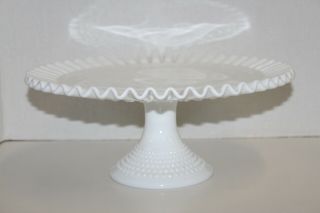 Vtg Fenton White Milk Glass Hobnail Pedestal Cake Plate Stand Ruffled Edge 13 "