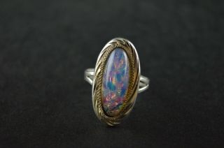 Vintage Sterling Silver Oval Ring W Pink Blue Opal Stone - 5g
