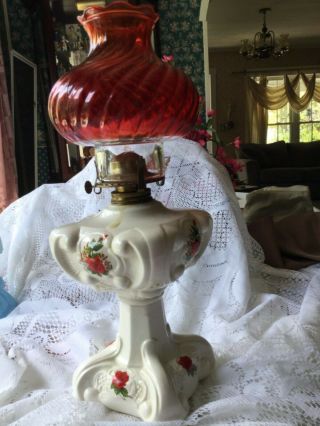 Vintage White With Hand Painted Red Roses 16” Ceramic Oil Lamp W/red Chimney