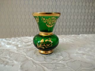 Vintage Murano Italian Floral Art Glass Emerald Green Mini Flower Vase Gold Gilt