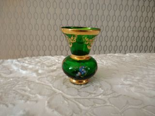 Vintage Murano Italian Floral Art Glass Emerald Green Mini Flower Vase Gold Gilt 2