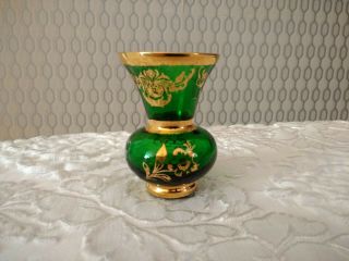 Vintage Murano Italian Floral Art Glass Emerald Green Mini Flower Vase Gold Gilt 3