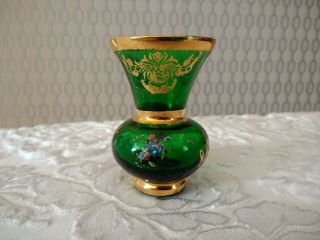 Vintage Murano Italian Floral Art Glass Emerald Green Mini Flower Vase Gold Gilt 4