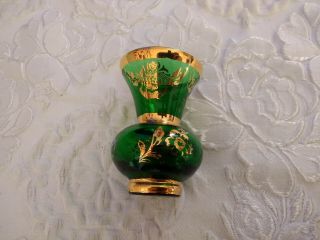 Vintage Murano Italian Floral Art Glass Emerald Green Mini Flower Vase Gold Gilt 5